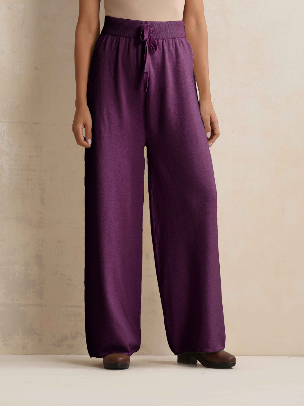 trueBrowns Purple Woollen Flared Pants | Grocsy