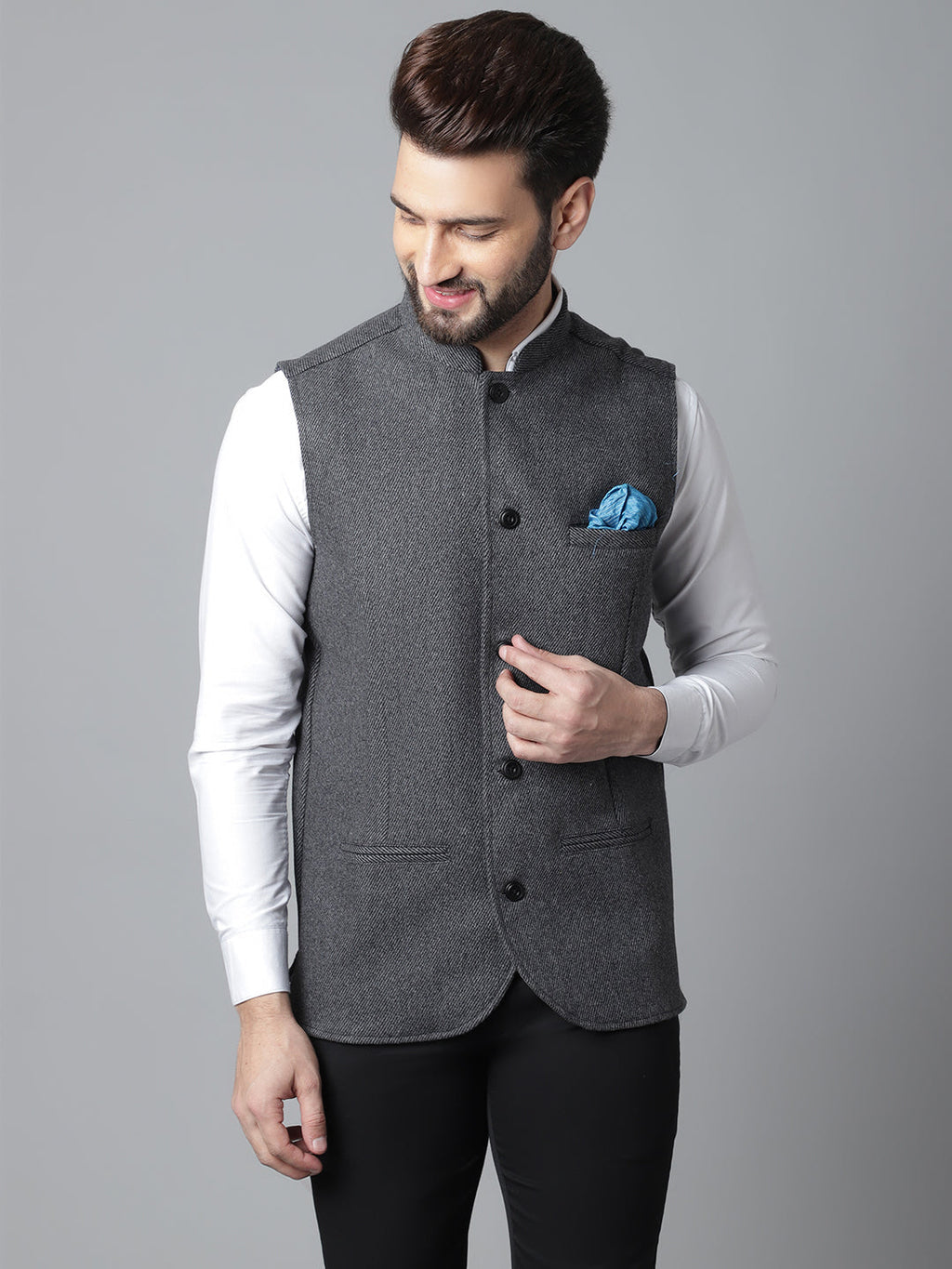 Even Apparels Men's Grey Pure Wool Nehru Jacket | Grocsy