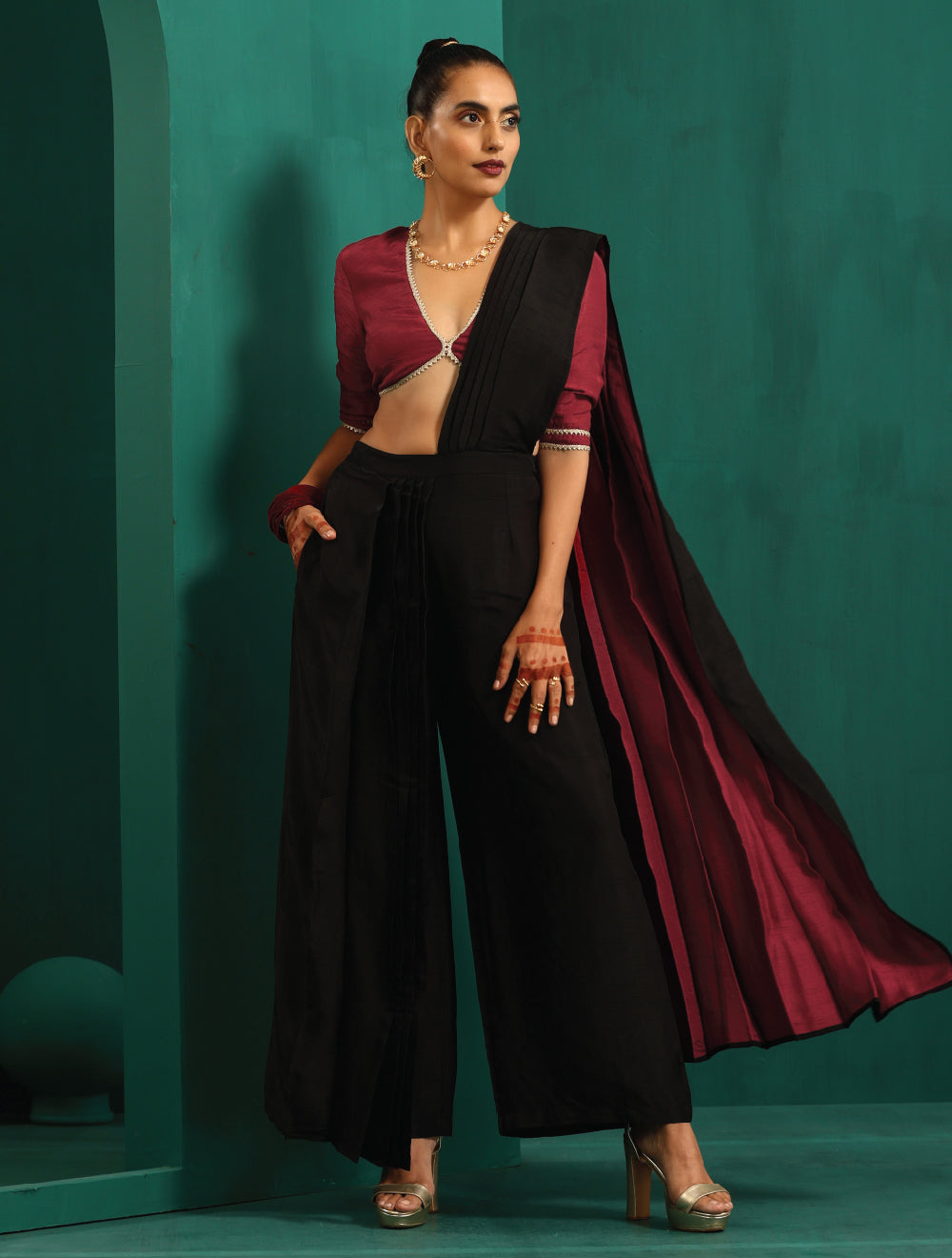 trueBrowns Black Silk Palazzo Stitched Saree | Grocsy