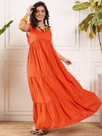 InWeave Orange V Neck Sleeveless Long Tiered Dress | Grocsy