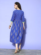 Ahalyaa Blue Floral Print Midi Empire Ethnic Dress | Grocsy