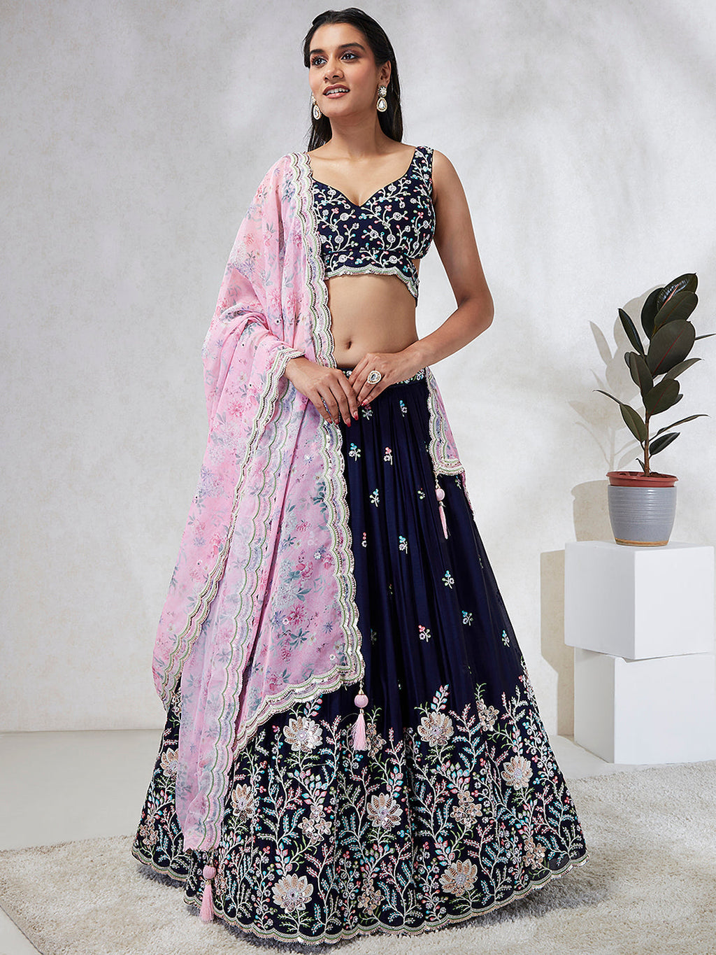 House of Panchhi Navy Blue Georgette Sequins, Mirror And Thread Embroidery Lehenga Choli & Dupatta | Grocsy