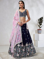 House of Panchhi Navy Blue Georgette Sequins, Mirror And Thread Embroidery Lehenga Choli & Dupatta | Grocsy