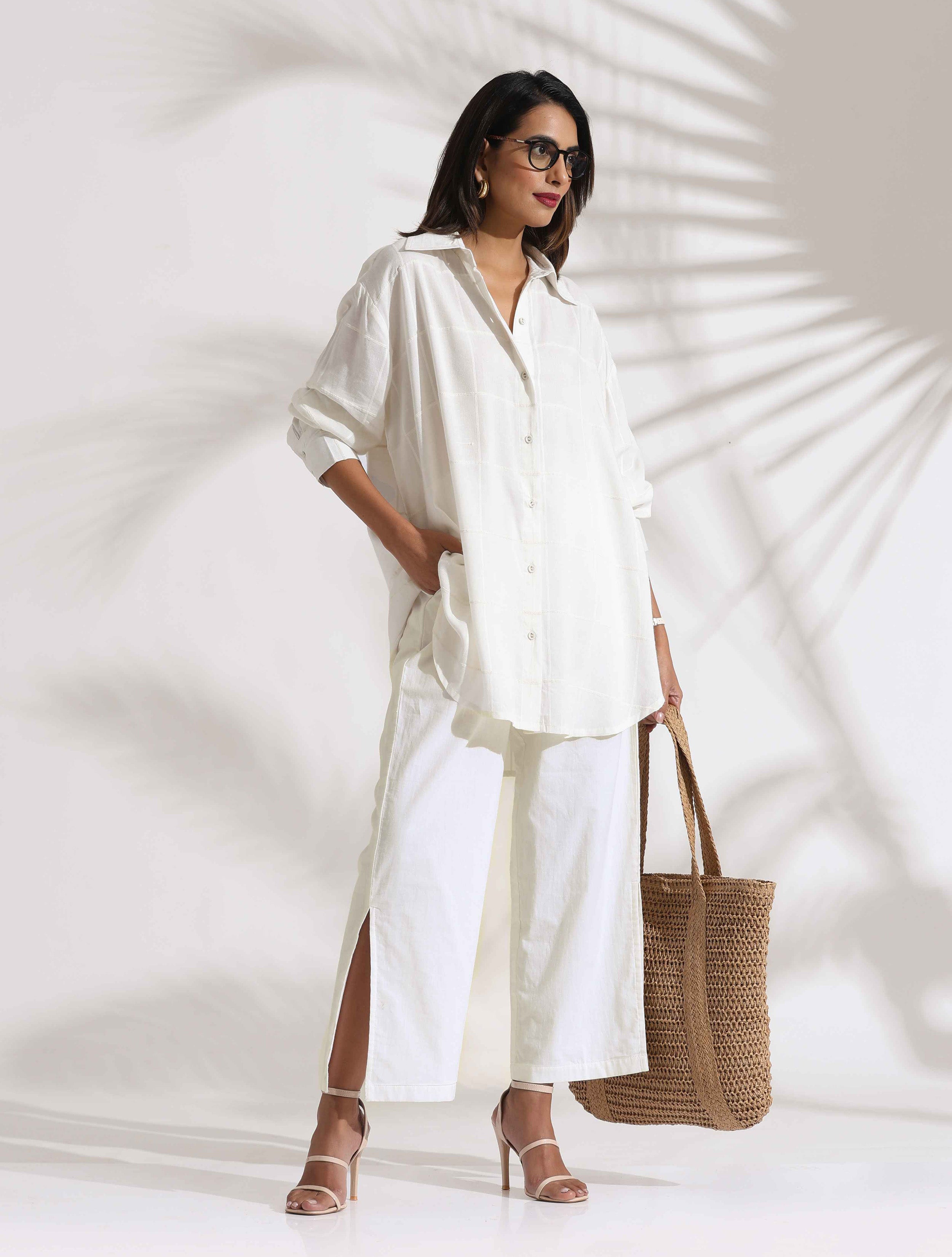 trueBrowns White Cotton Check Shirt Co-ord Set | Grocsy