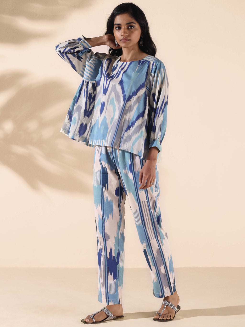 trueBrowns Blue Cotton Ikat Short Co-ord Set | Grocsy
