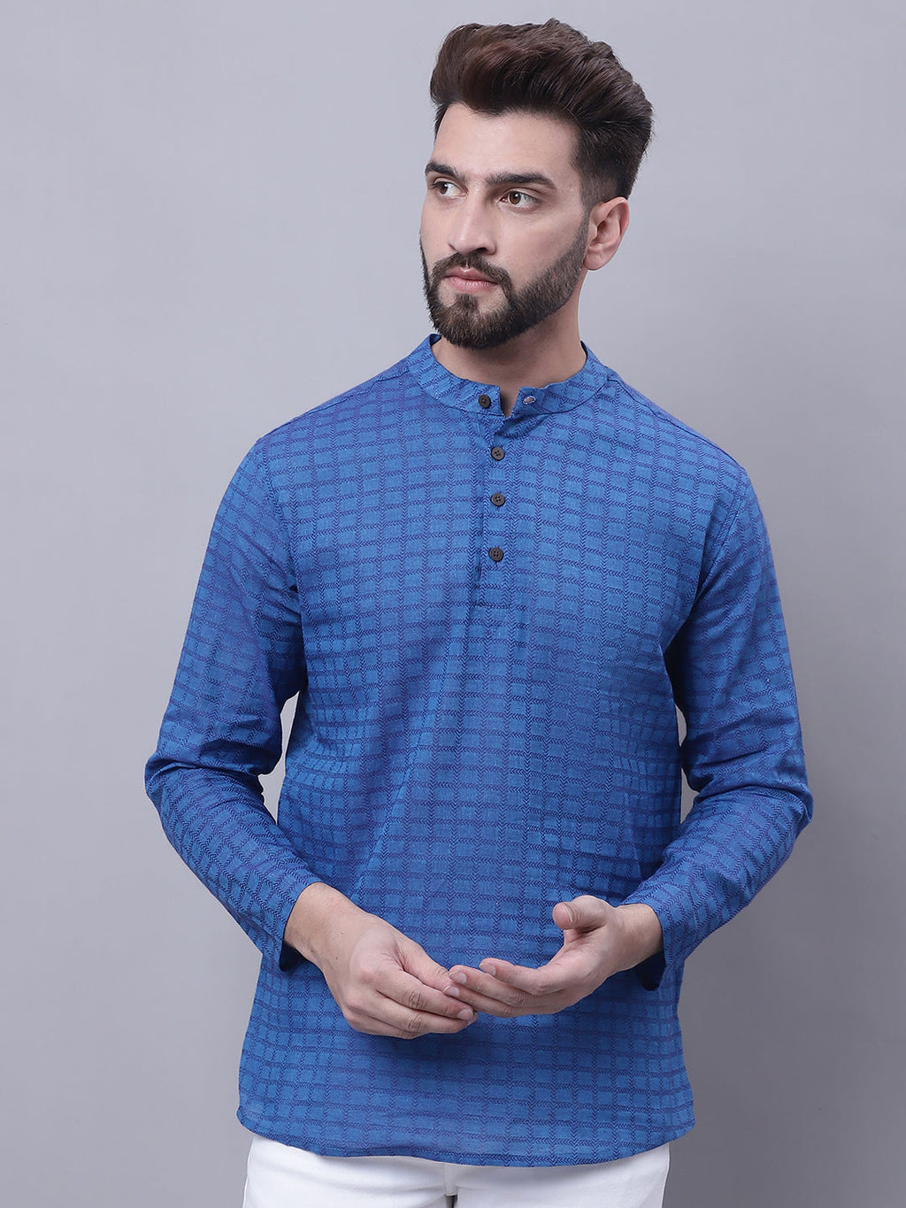 Even Apparels Blue Pure Cotton Short Kurta With Band Collar | Grocsy