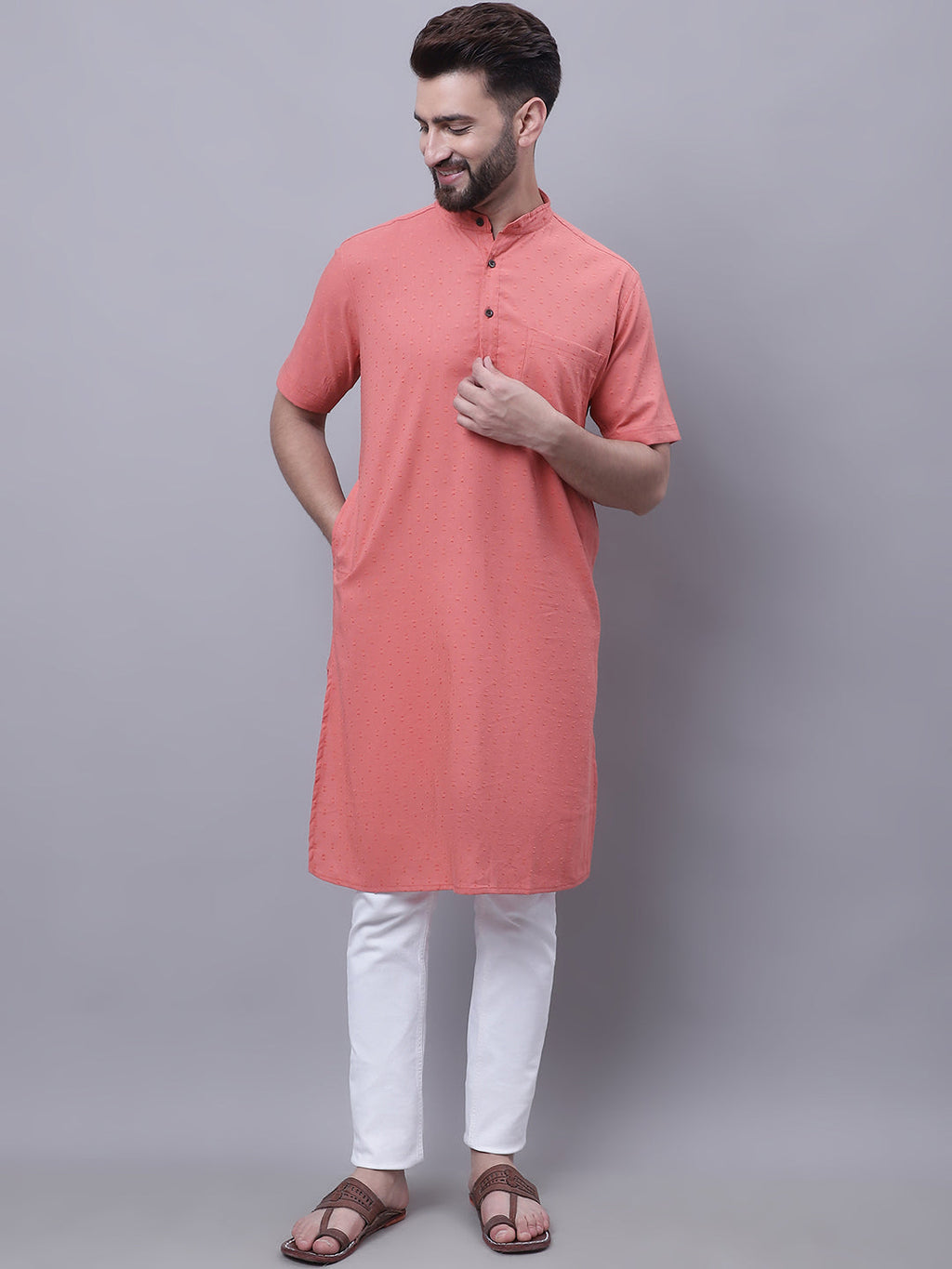 Even Apparels Peach Pure Cotton Short Sleeves Kurta With Band Collar | Grocsy