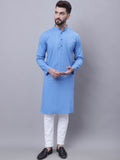 Even Apparels Blue Pure Cotton Kurta With Band Collar | Grocsy
