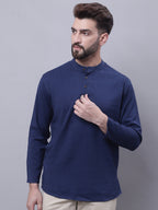 Even Apparels Blue Pure Cotton Short Kurta With Band Collar | Grocsy