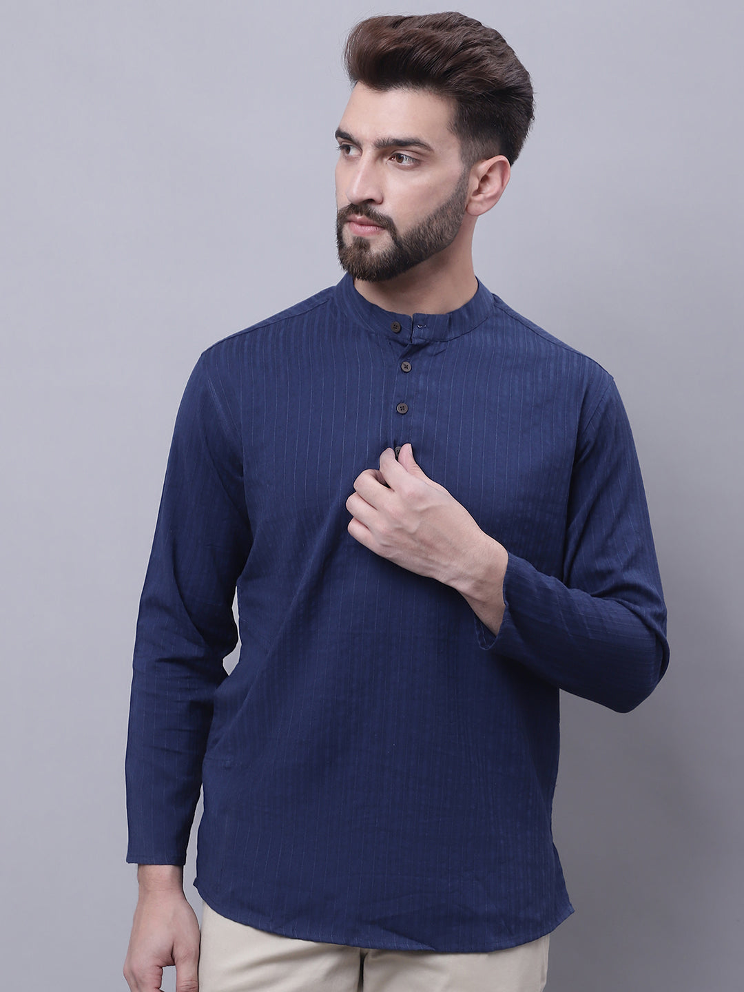 Even Apparels Blue Pure Cotton Short Kurta With Band Collar | Grocsy