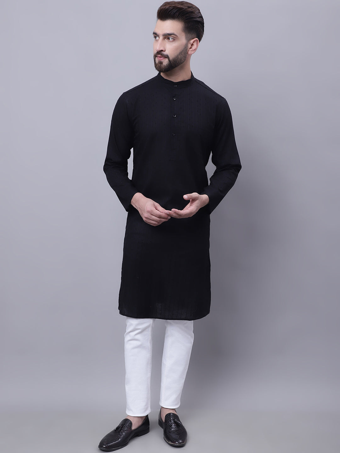 Even Apparels Black Pure Cotton Kurta With Band Collar | Grocsy
