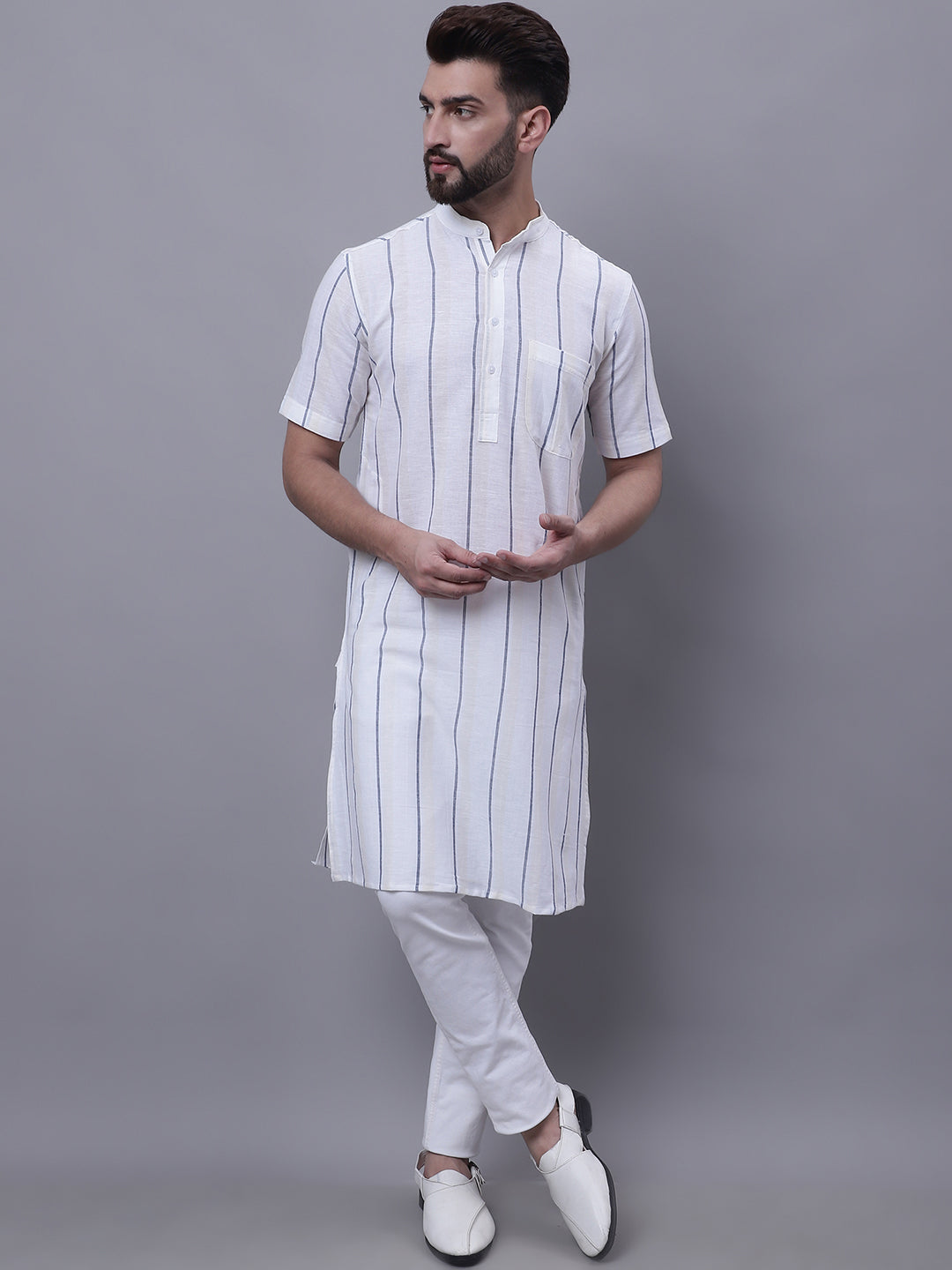 Even Apparels Cream Pure Cotton Short Sleeves Kurta With Band Collar | Grocsy