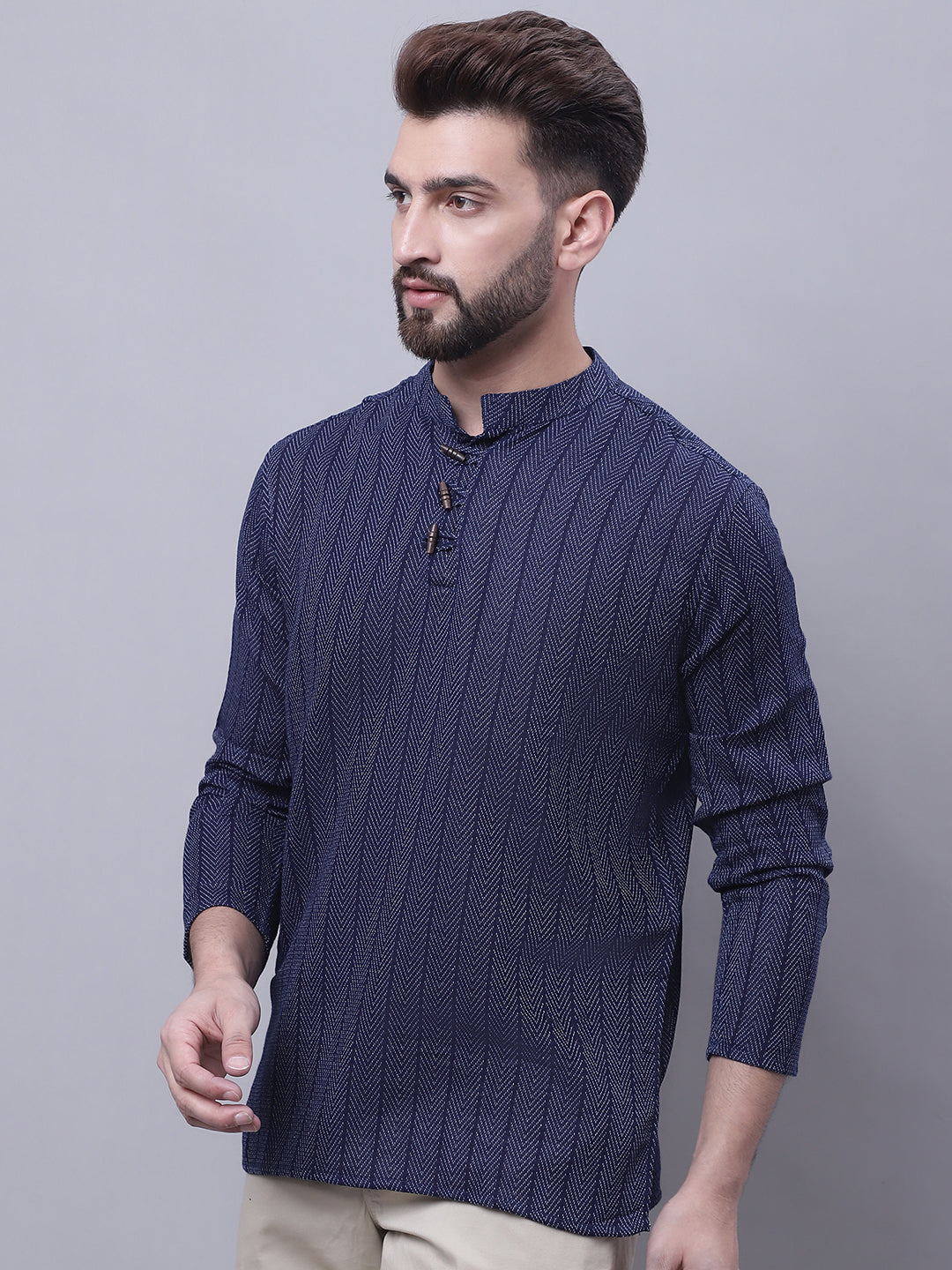 Indian Clothing Even Apparels Blue Pure Cotton Short Kurta With Band Collar | Grocsy