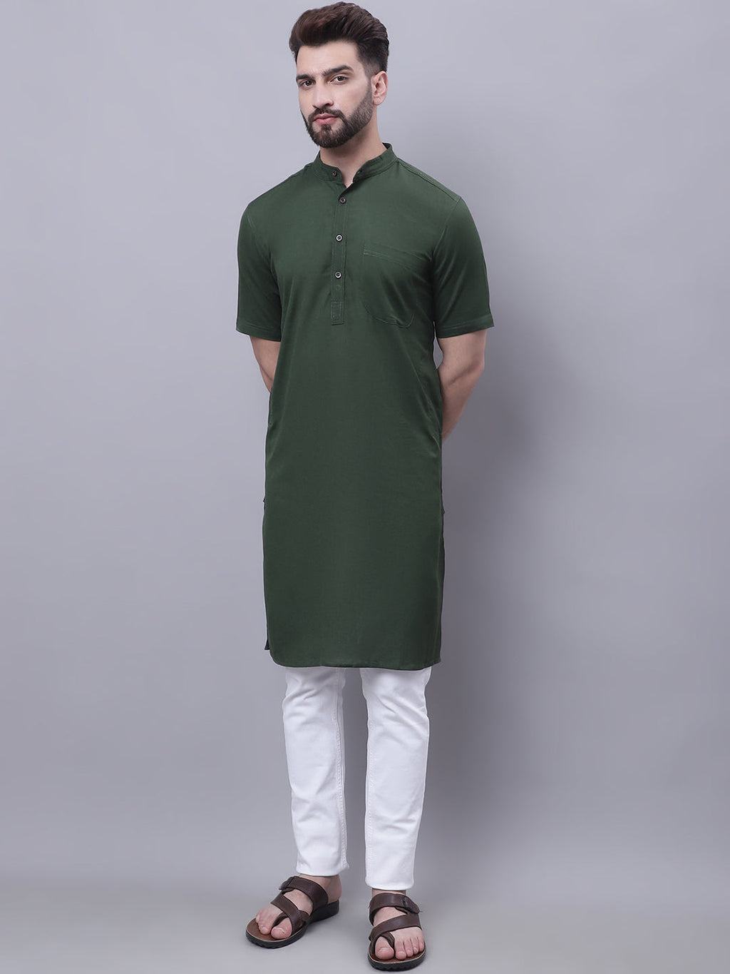 Even Apparels Green Pure Cotton Short Sleeves Kurta With Band Collar | Grocsy