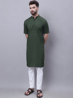 Even Apparels Green Pure Cotton Short Sleeves Kurta With Band Collar | Grocsy