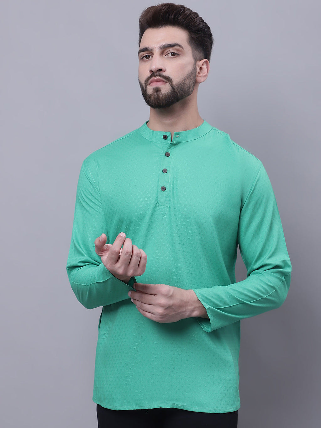Even Apparels Green Pure Cotton Short Kurta With Band Collar | Grocsy
