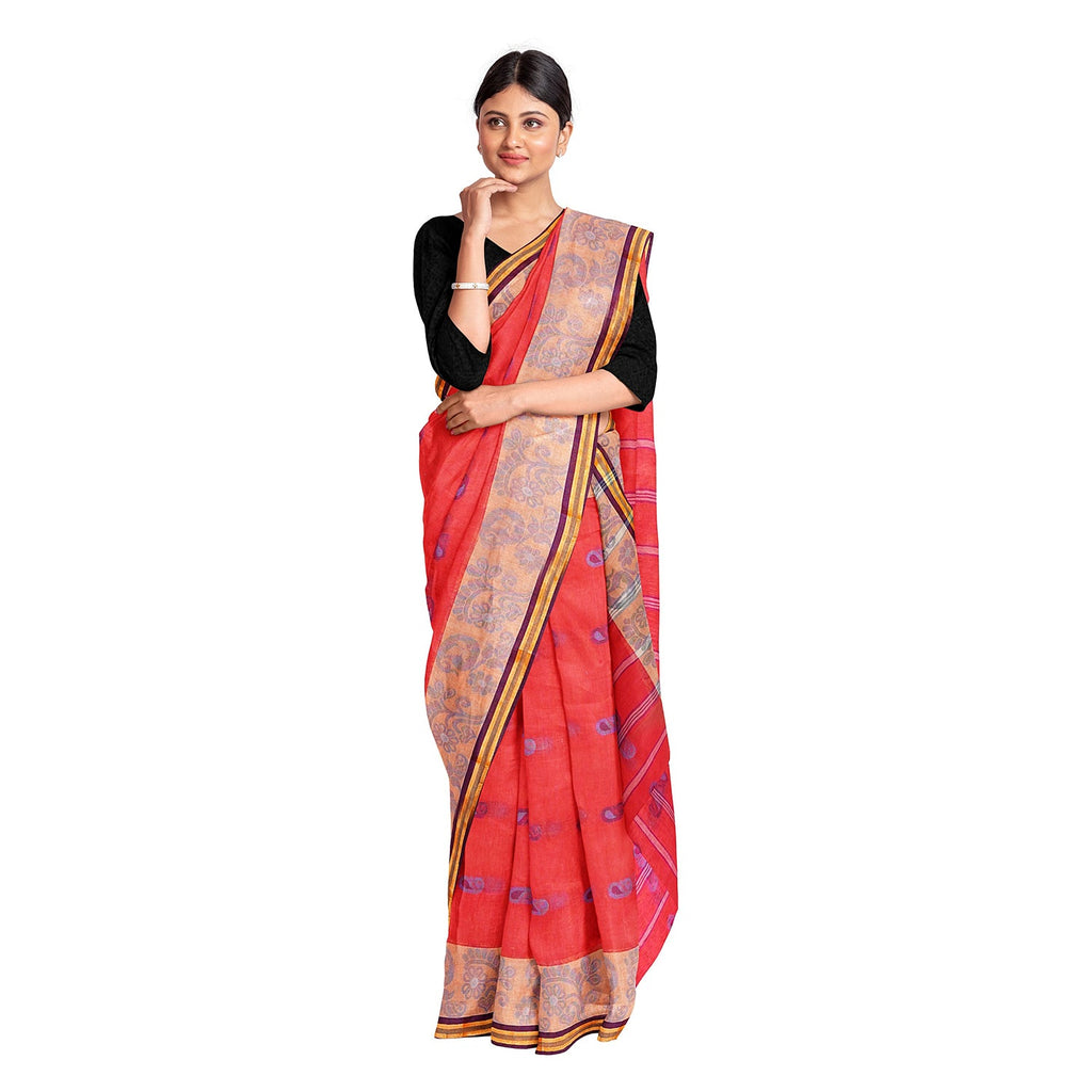 Exclusive Collection 100% Pure Cotton Red Tant Saree With Hand Weaving Work | Grocsy