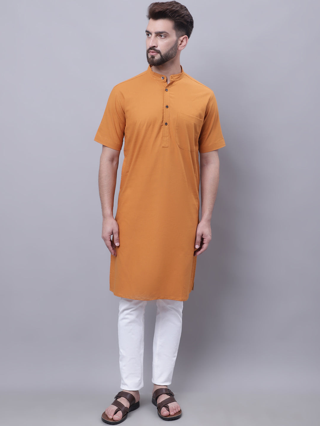 Even Apparels Yellow Pure Cotton Short Sleeves Kurta With Band Collar | Grocsy