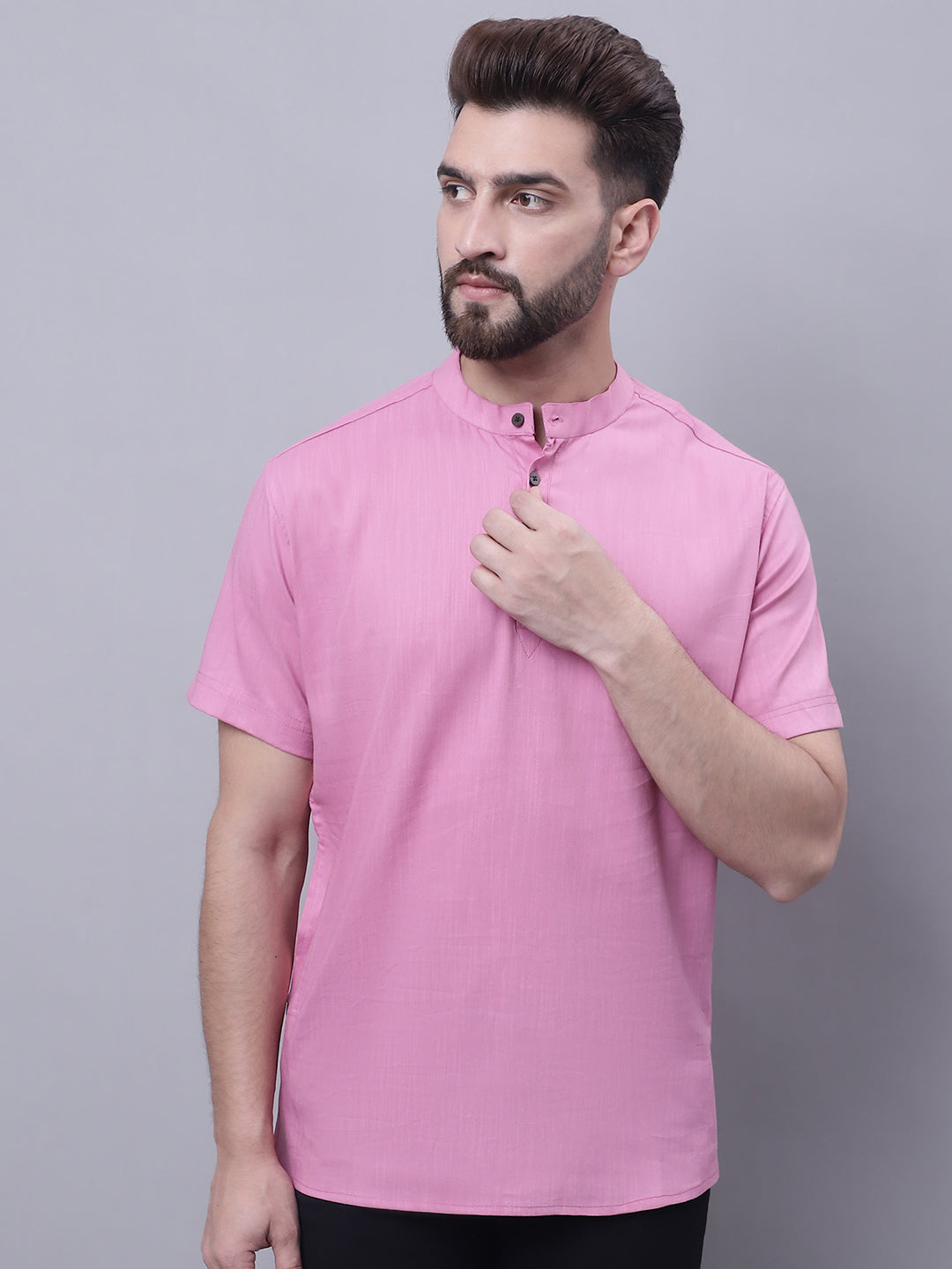 Even Apparels Pink Pure Cotton Short Kurta With Band Collar | Grocsy