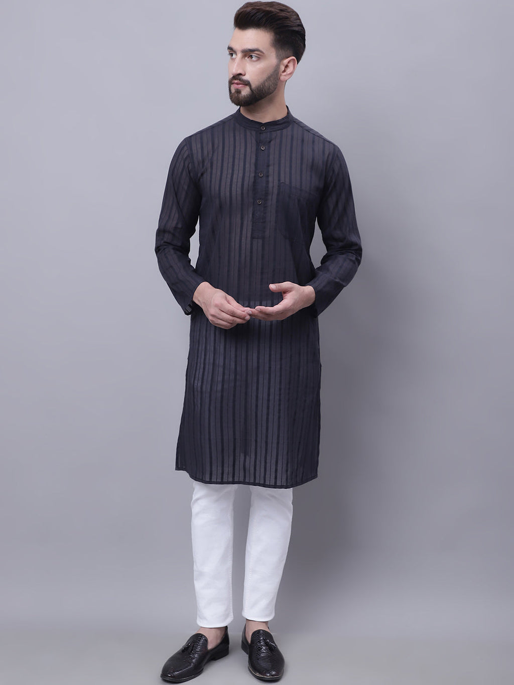 Even Apparels Black Pure Cotton Kurta With Band Collar | Grocsy