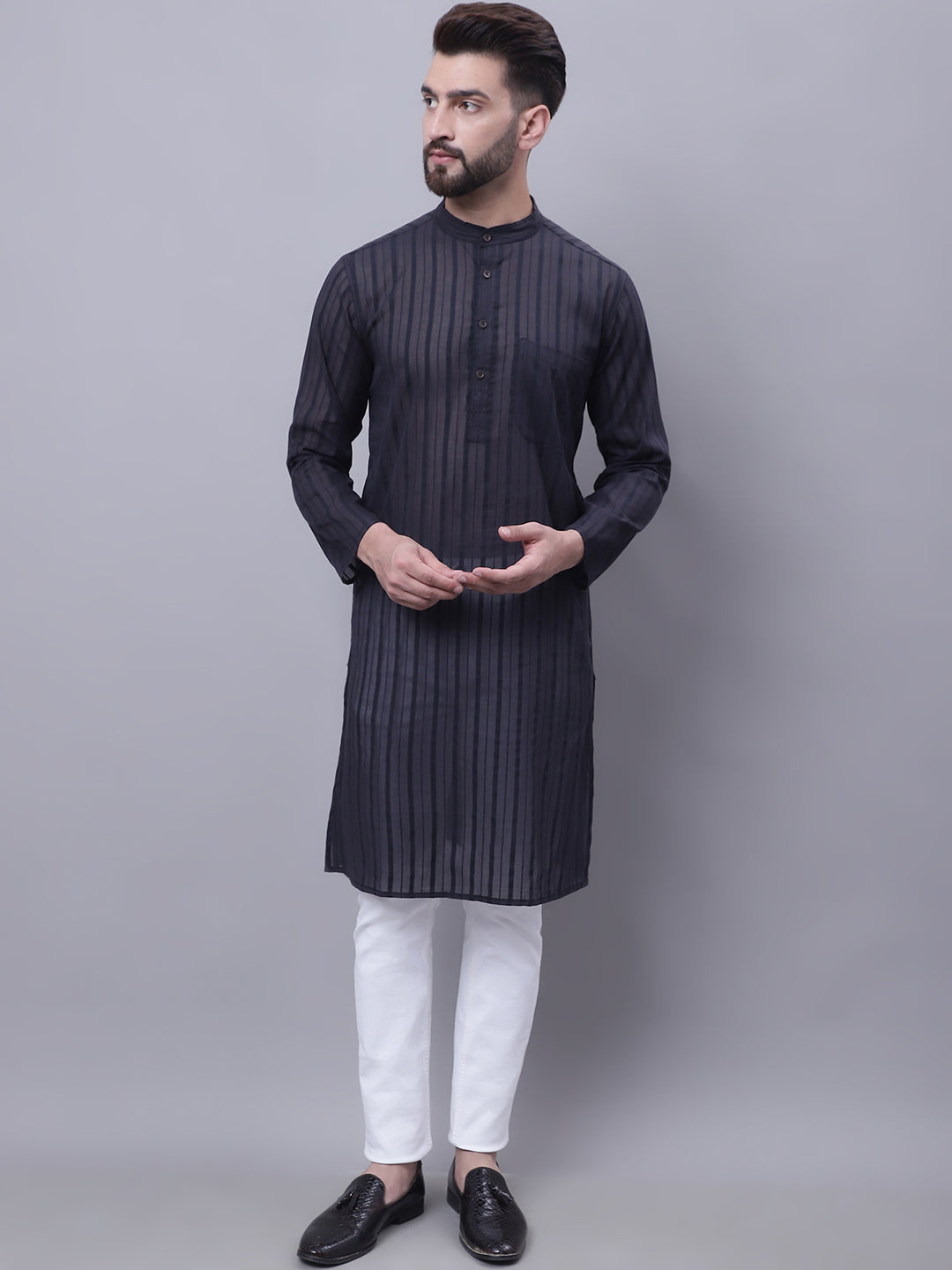 Even Apparels Black Pure Cotton Kurta With Band Collar | Grocsy