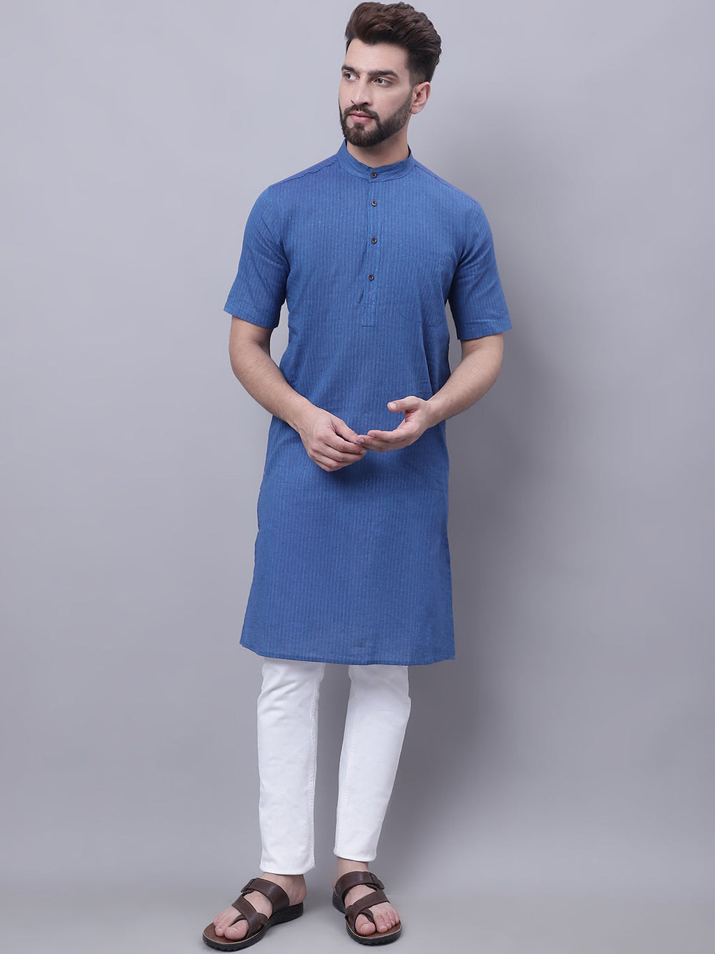 Even Apparels Blue Pure Cotton Short Sleeves Kurta With Band Collar | Grocsy