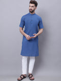 Even Apparels Blue Pure Cotton Short Sleeves Kurta With Band Collar | Grocsy