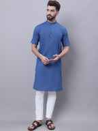 Even Apparels Blue Pure Cotton Short Sleeves Kurta With Band Collar | Grocsy
