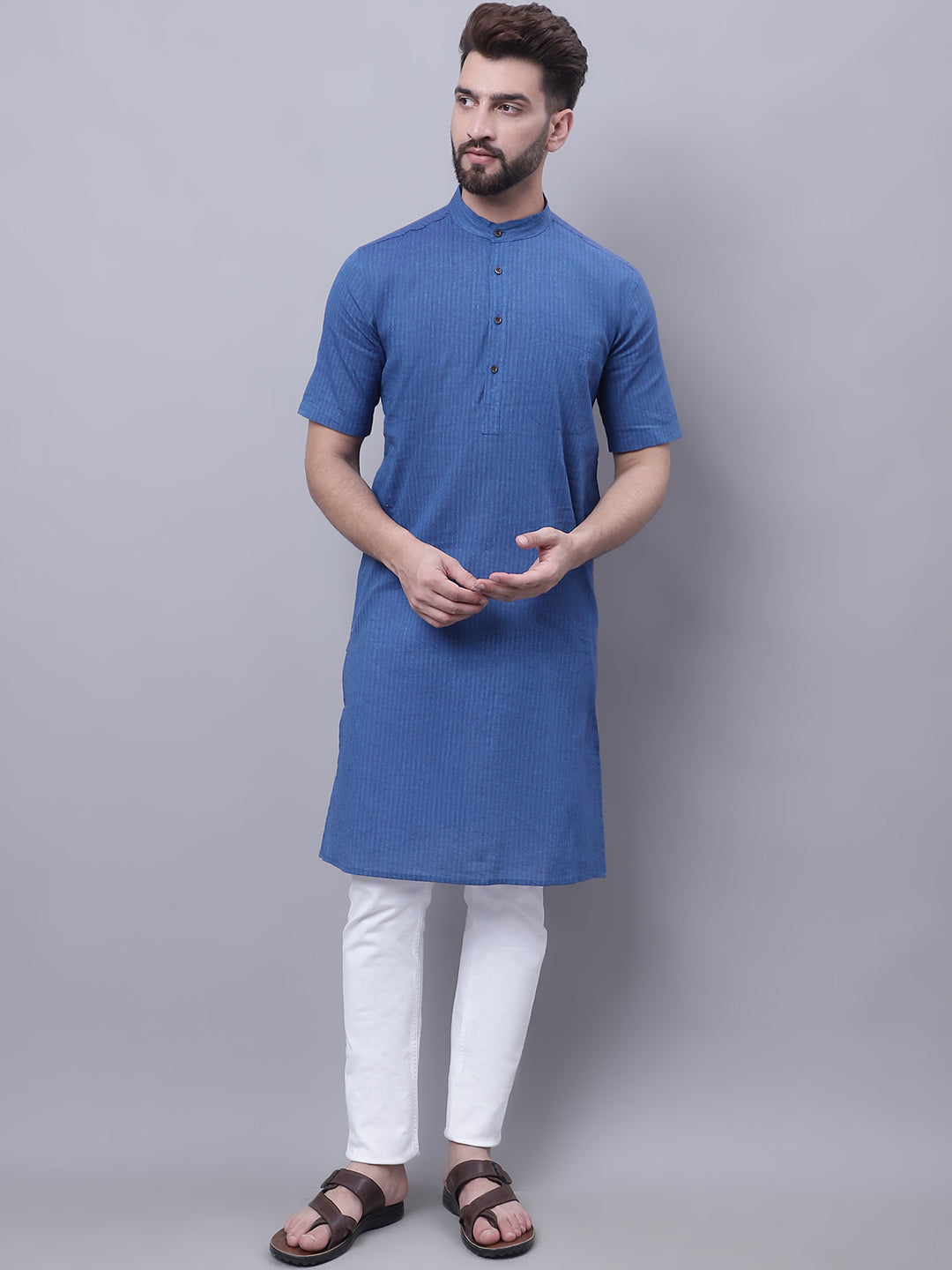 Even Apparels Blue Pure Cotton Short Sleeves Kurta With Band Collar | Grocsy