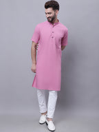 Even Apparels Pink Pure Cotton Short Sleeves Kurta With Band Collar | Grocsy