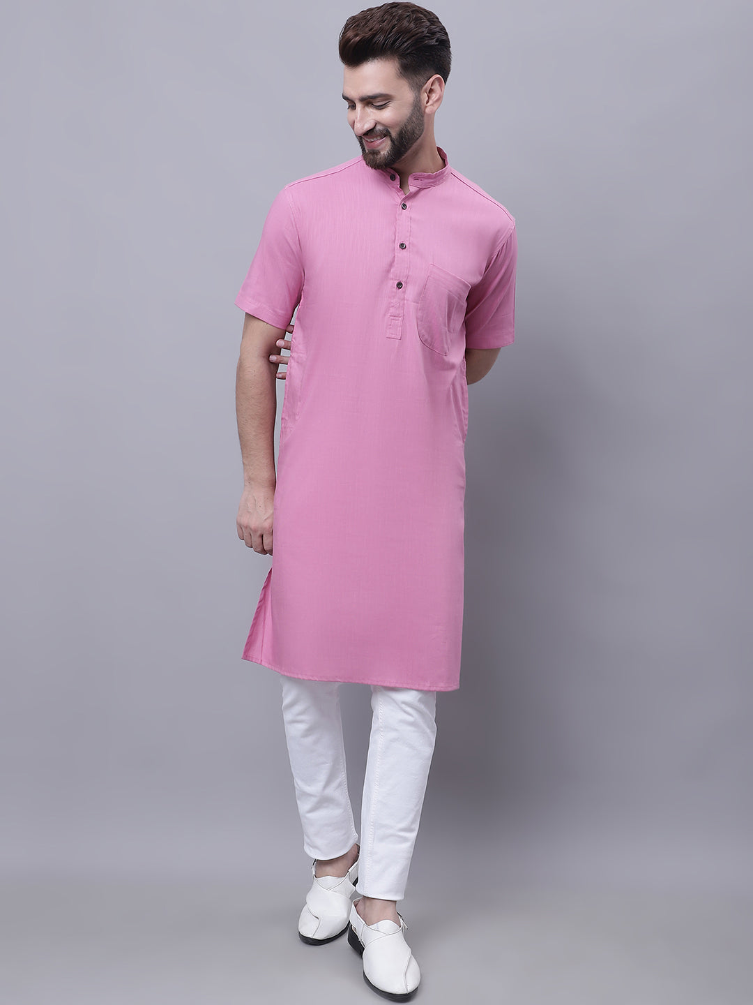 Even Apparels Pink Pure Cotton Short Sleeves Kurta With Band Collar | Grocsy