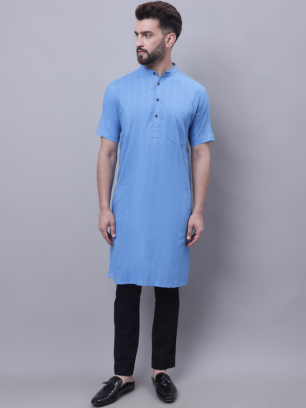 Even Apparels Blue Pure Cotton Short Sleeves Kurta With Band Collar | Grocsy