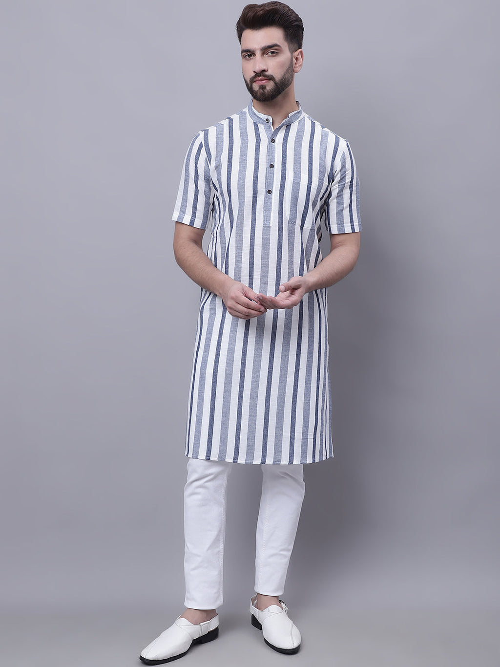 Even Apparels Grey Pure Cotton Short Sleeves Kurta With Band Collar | Grocsy