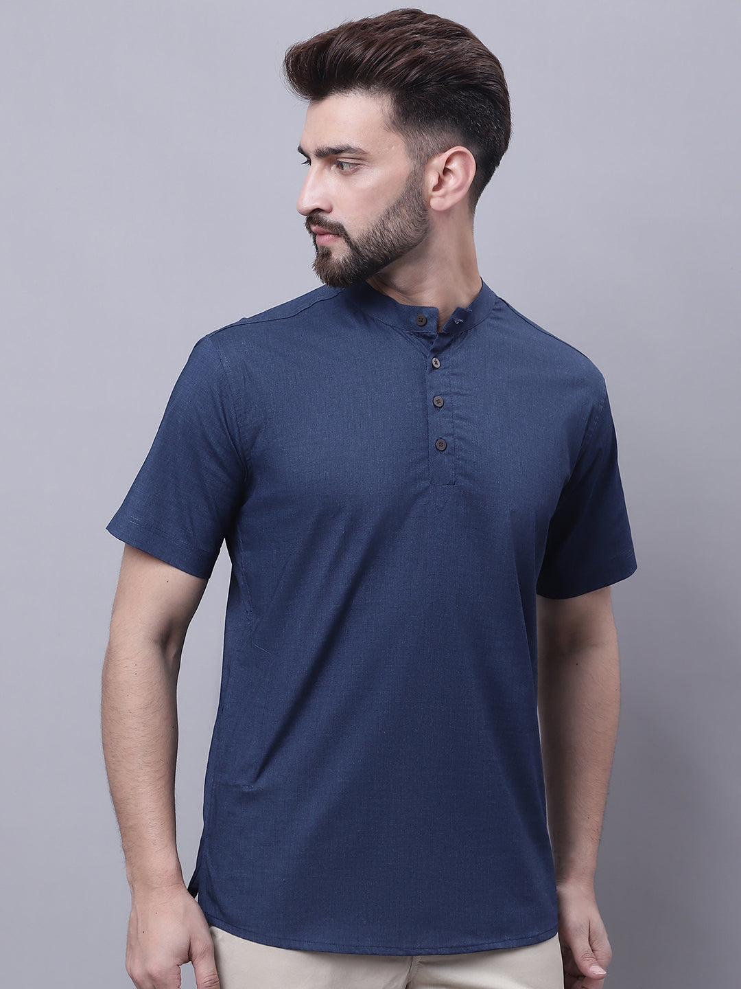Even Apparels Blue Pure Cotton Short Kurta With Band Collar | Grocsy
