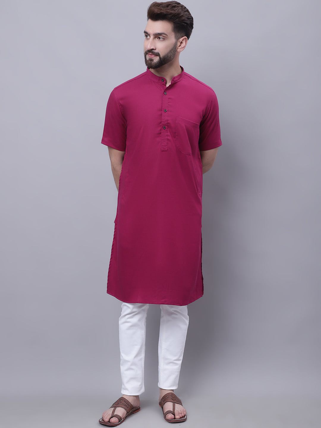 Even Apparels Maroon Pure Cotton Short Sleeves Kurta With Band Collar | Grocsy