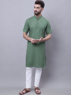 Even Apparels Green Pure Cotton Short Sleeves Kurta With Band Collar | Grocsy