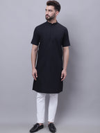 Even Apparels Black Pure Cotton Short Sleeves Kurta With Band Collar | Grocsy