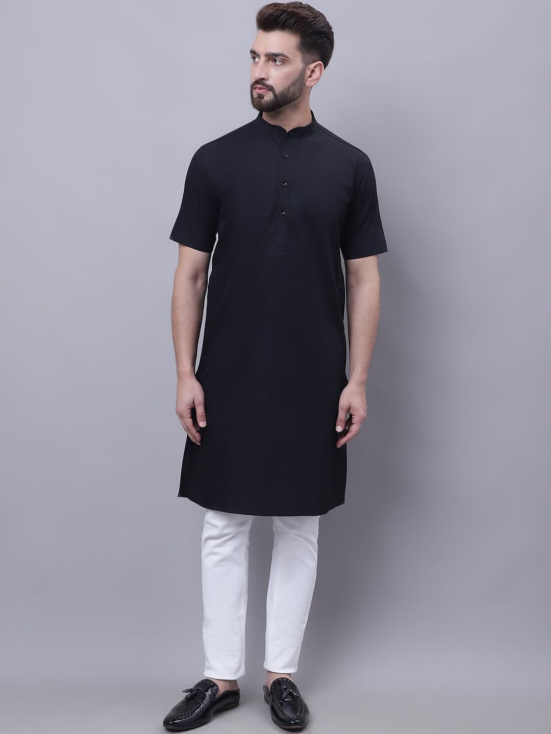 Even Apparels Black Pure Cotton Short Sleeves Kurta With Band Collar | Grocsy