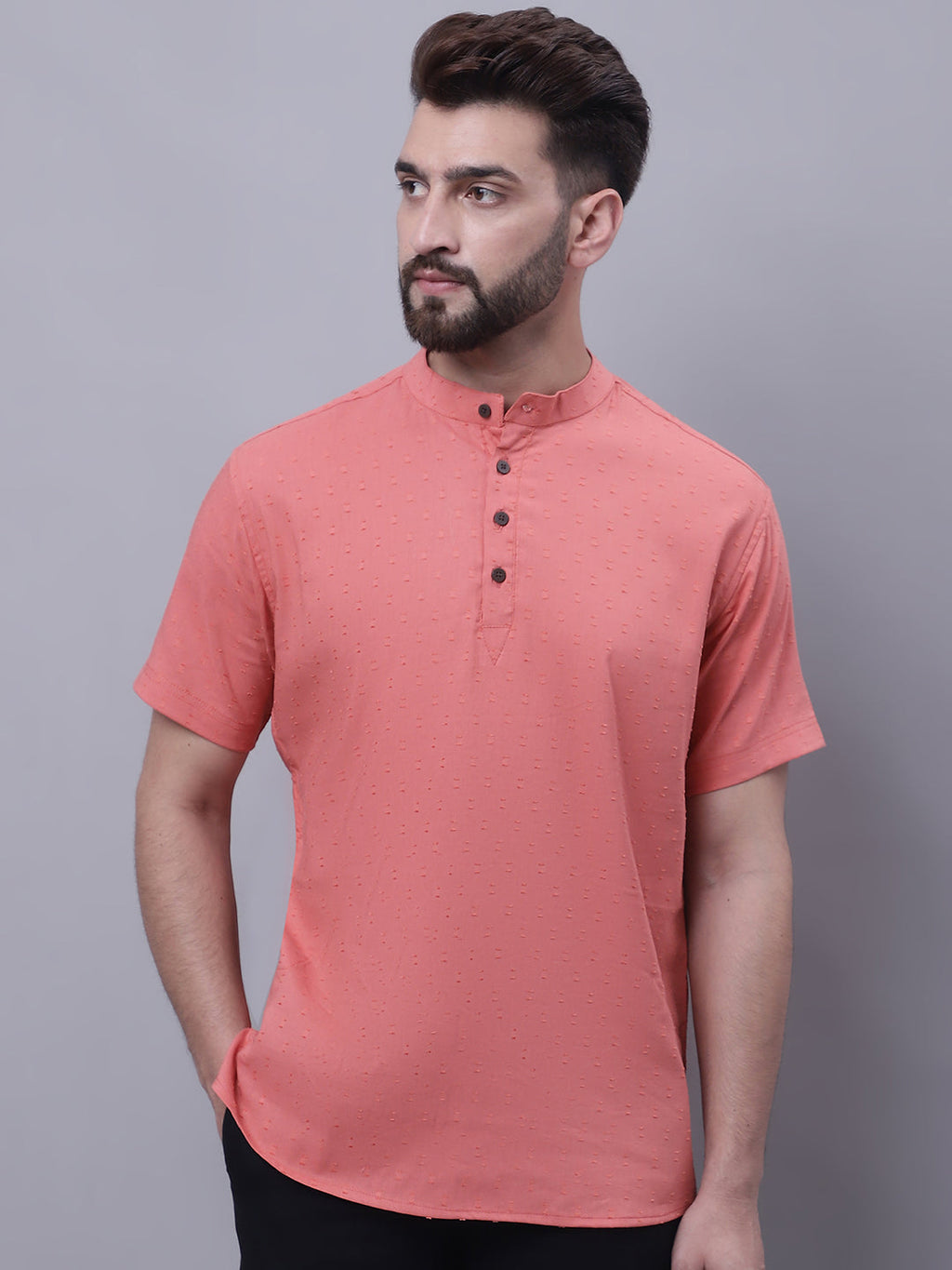 Even Apparels Peach Pure Cotton Short Sleeves Kurta With Band Collar | Grocsy