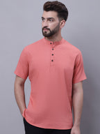 Even Apparels Peach Pure Cotton Short Sleeves Kurta With Band Collar | Grocsy
