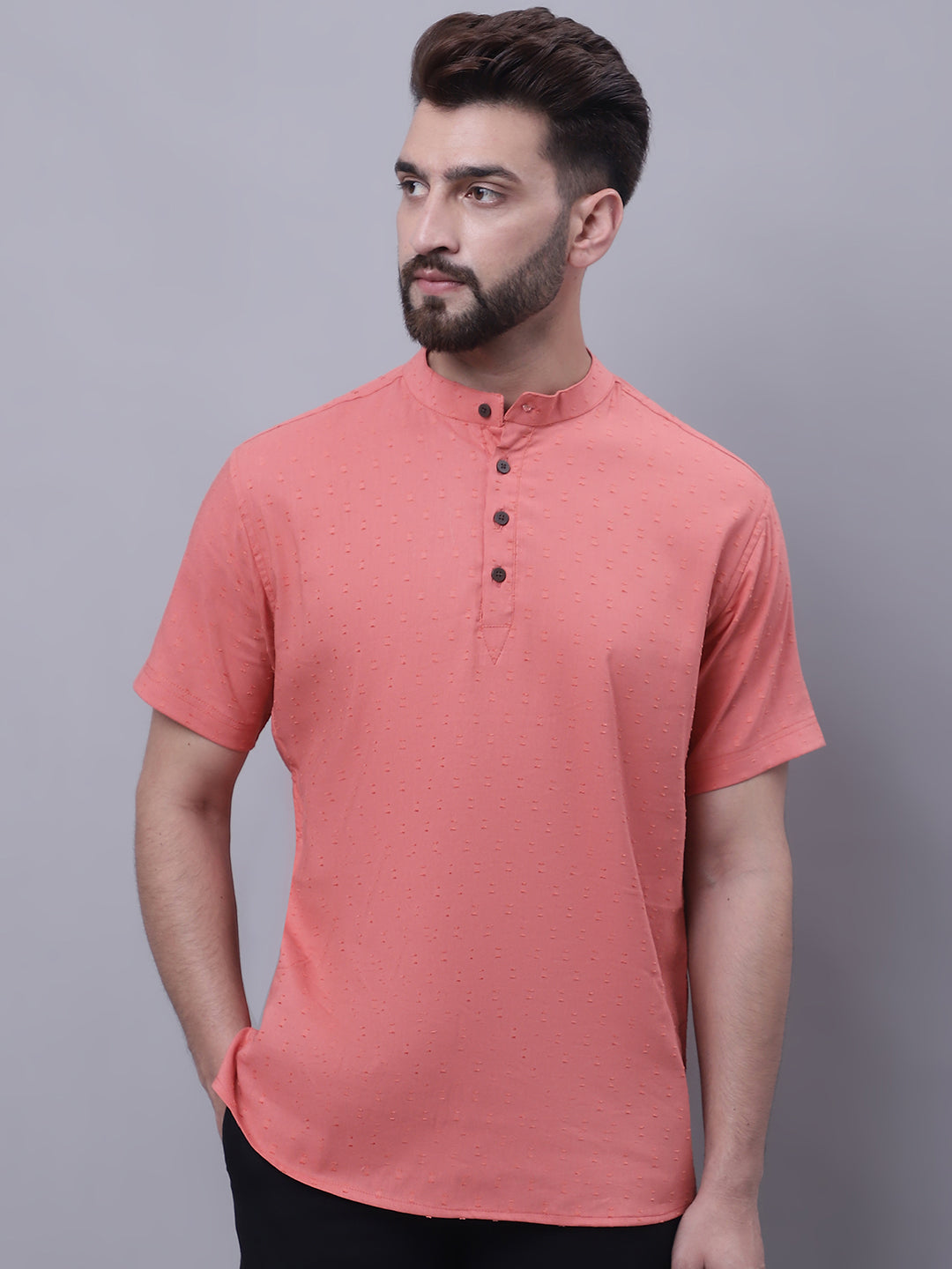 Even Apparels Peach Pure Cotton Short Sleeves Kurta With Band Collar | Grocsy