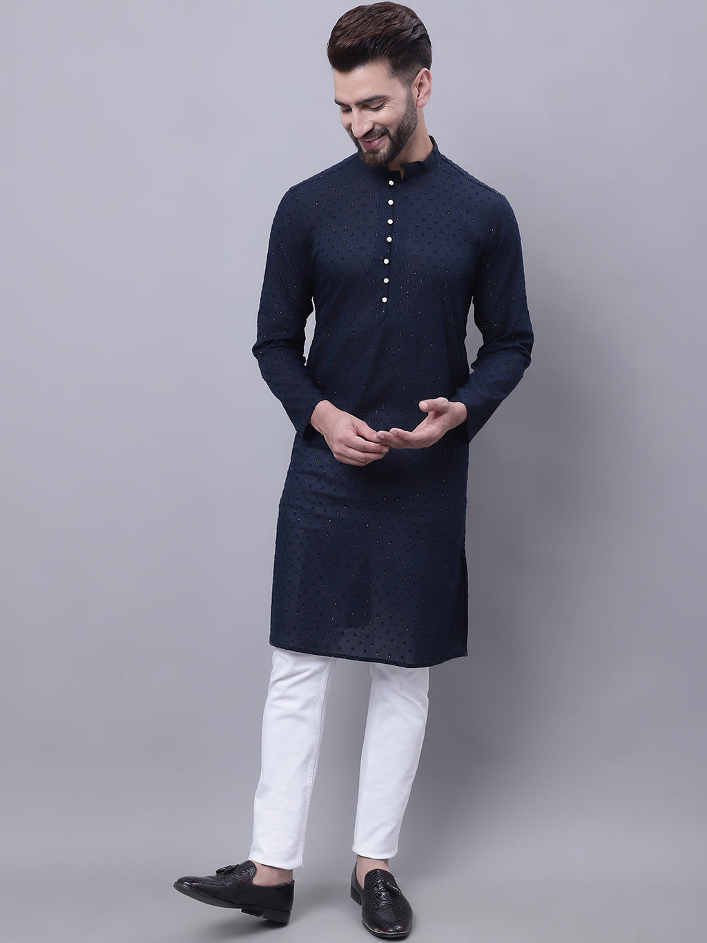 Even Apparels Blue Pure Cotton Kurta With Band Collar | Grocsy