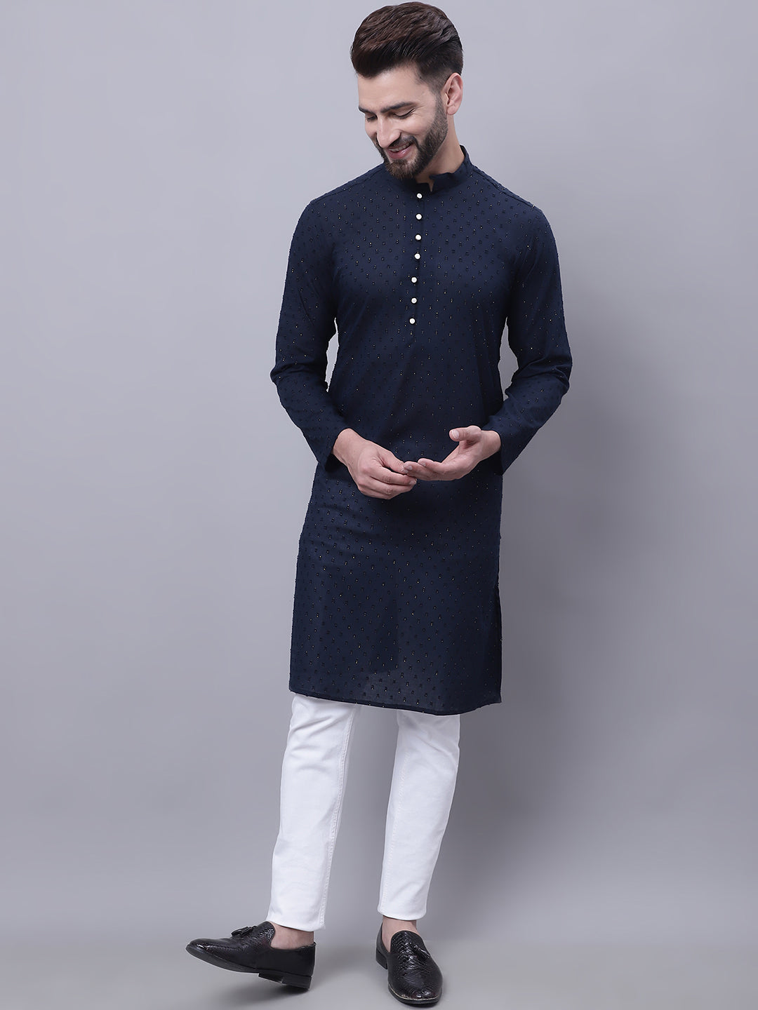Even Apparels Blue Pure Cotton Kurta With Band Collar | Grocsy