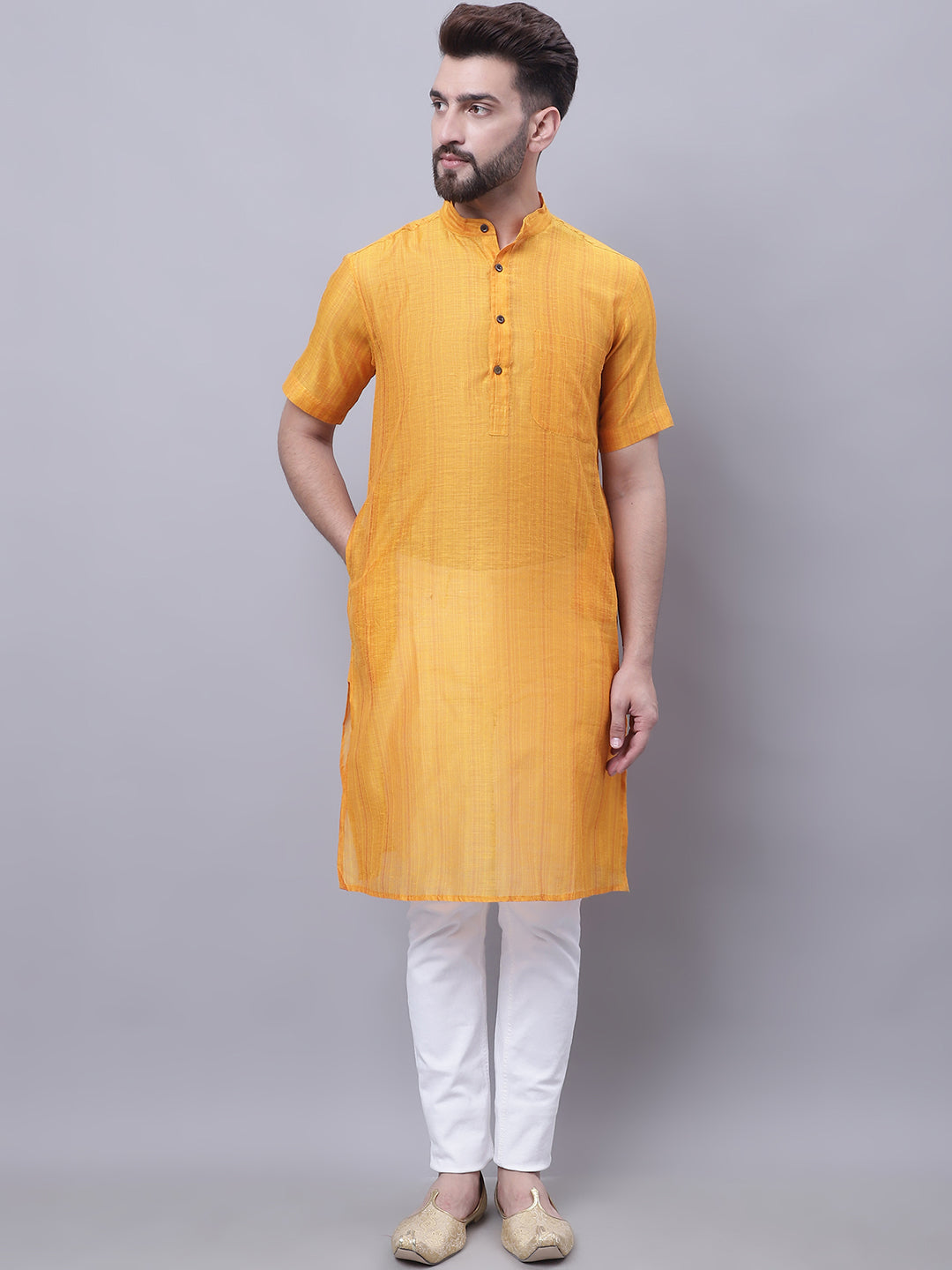 Even Apparels Yellow Pure Cotton Short Sleeves Kurta With Band Collar | Grocsy