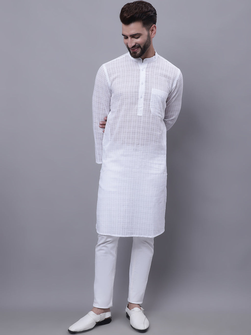Even Apparels White Pure Cotton Kurta With Band Collar | Grocsy