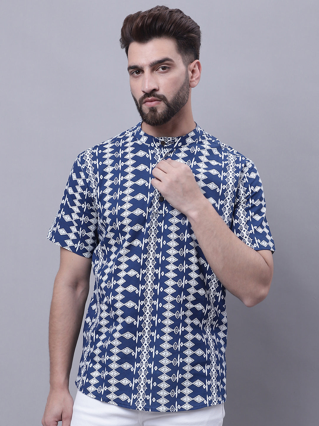 Even Apparels Blue Pure Cotton Short Kurta With Band Collar | Grocsy