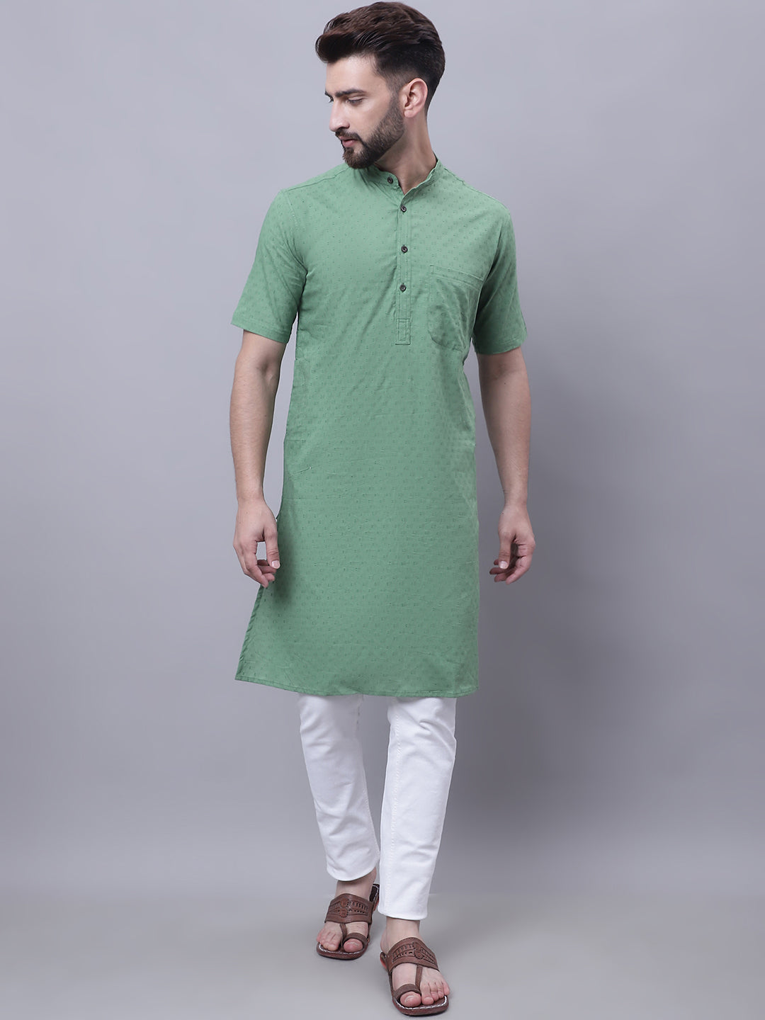 Even Apparels Green Pure Cotton Short Sleeves Kurta With Band Collar | Grocsy