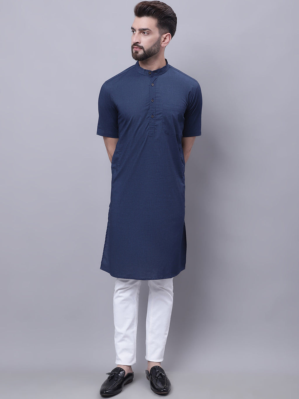 Even Apparels Blue Pure Cotton Short Sleeves Kurta With Band Collar | Grocsy