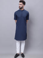 Even Apparels Blue Pure Cotton Short Sleeves Kurta With Band Collar | Grocsy