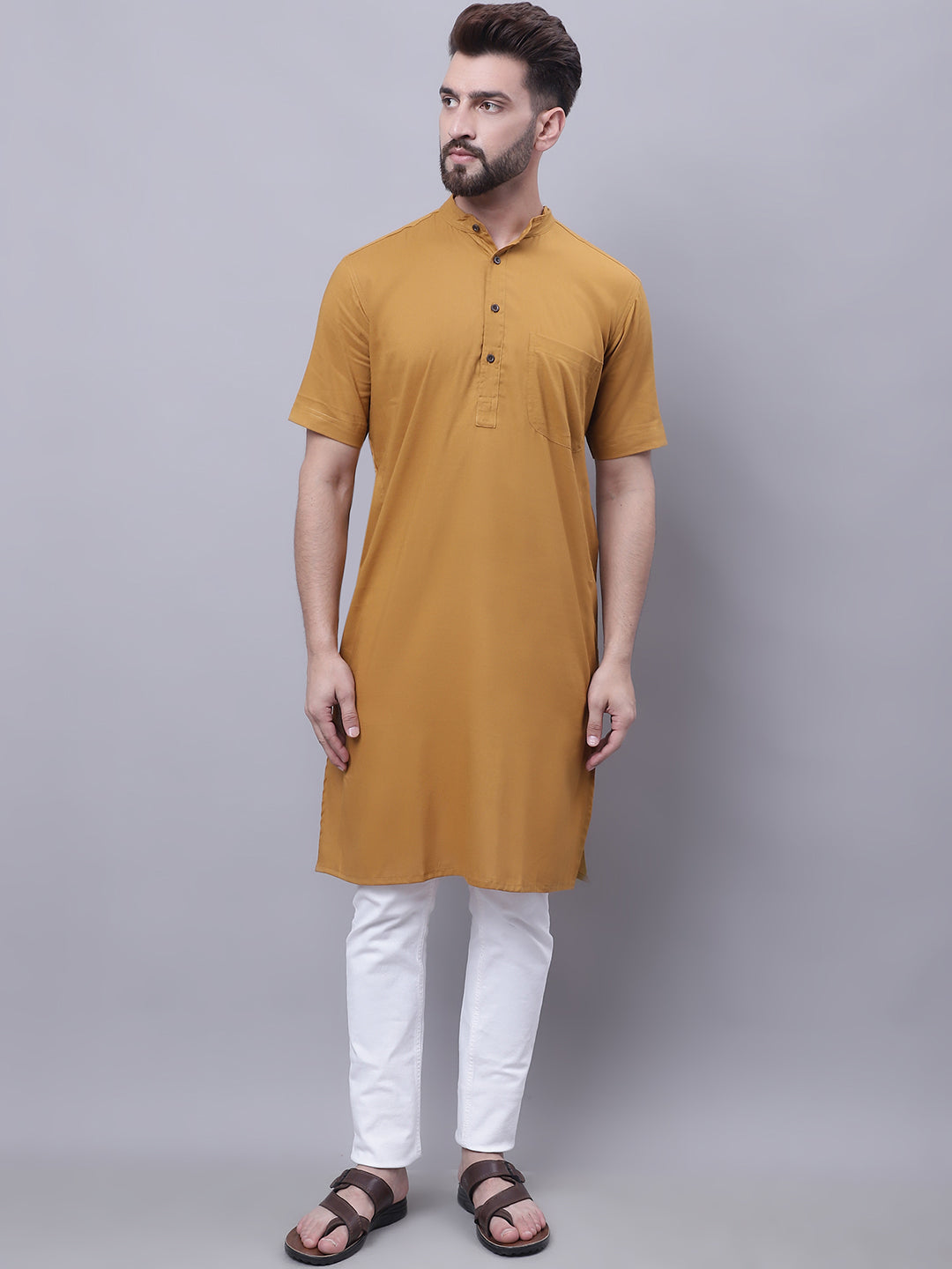 Even Apparels Mustard Pure Cotton Short Sleeves Kurta With Band Collar | Grocsy